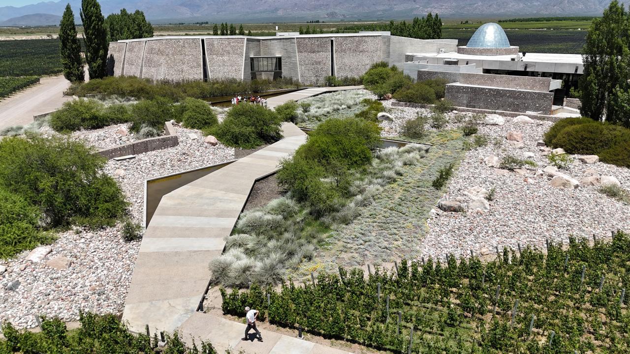 Vista panorámica de la bodega Zuccardi en Mendoza, rodeada de viñedos con la Cordillera de los Andes de fondo, destacando su arquitectura moderna e integrada al paisaje.